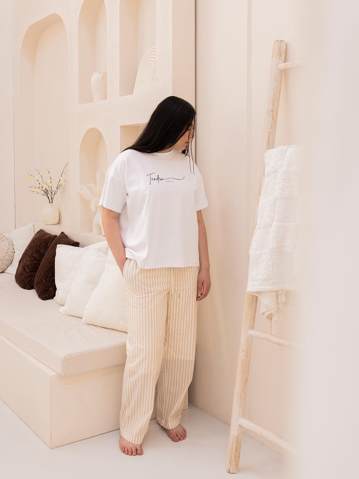 Cloud Nine T-Shirt + Cream Stripe Pants Set- Women's